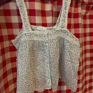 Doen Blue Floral Lace Trim Top